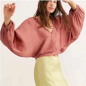 FREE PEOPLE Midnight Vibes Satin Vneck Mauve Long Sleeve Blouse Top Shirt